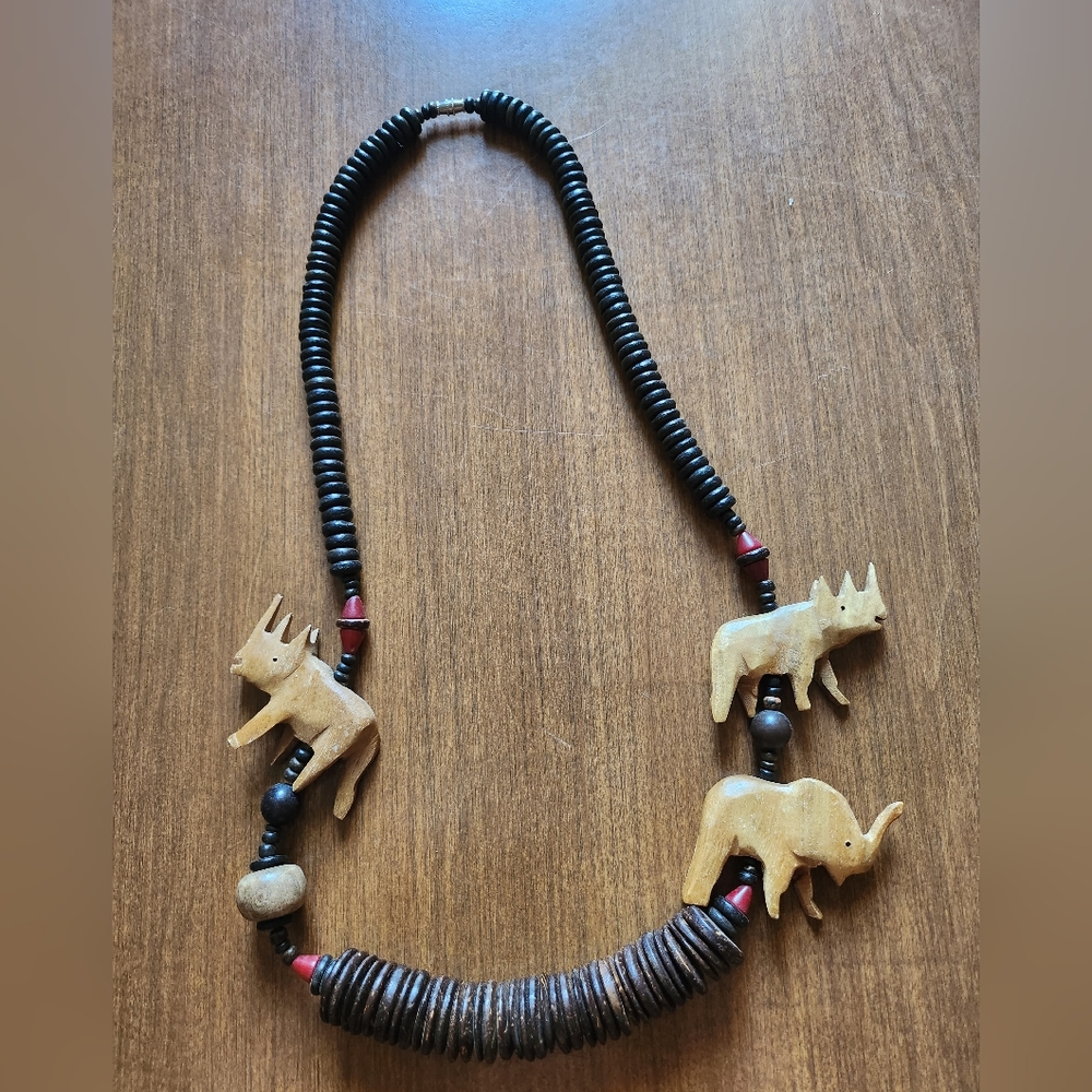African Hand Carved Wood Necklace Artisan Jewelry